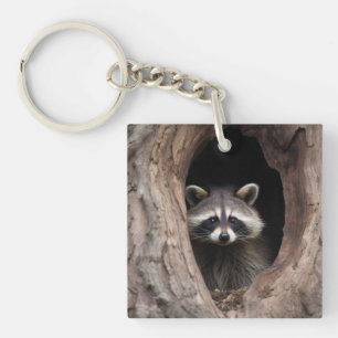 Racoon in Tree Cave  Keychain