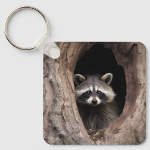 Racoon in Tree Cave Keychain