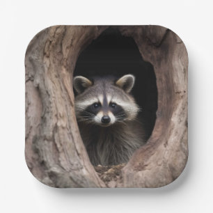 Racoon in Tree Cave Paper Plate