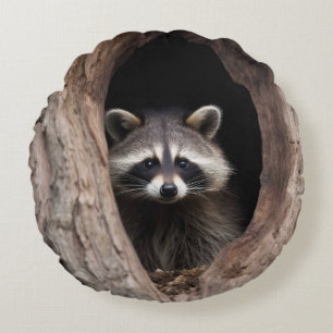 Racoon in Tree Cave Round Pillow