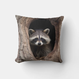 Racoon in Tree Cave  Throw Pillow