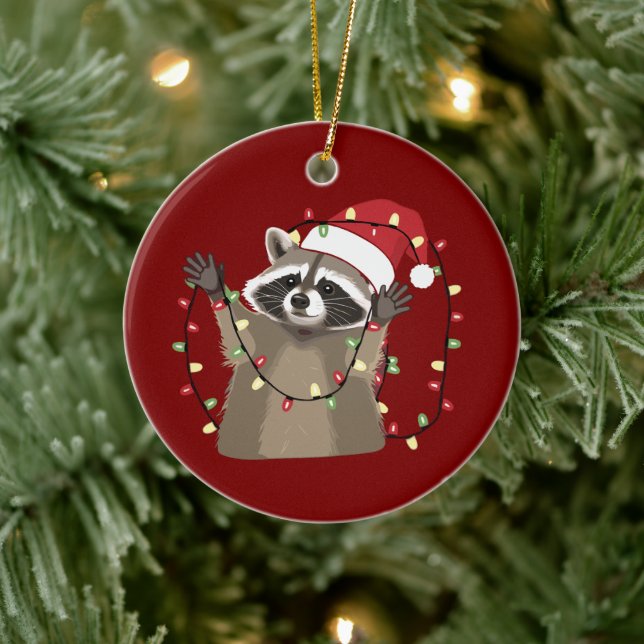Racoon Lover Christmas Lights Animal Santa Hat  Ceramic Ornament (Tree)