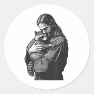 Racoon Lover Trash Panda Christian Jesus Holding A Classic Round Sticker