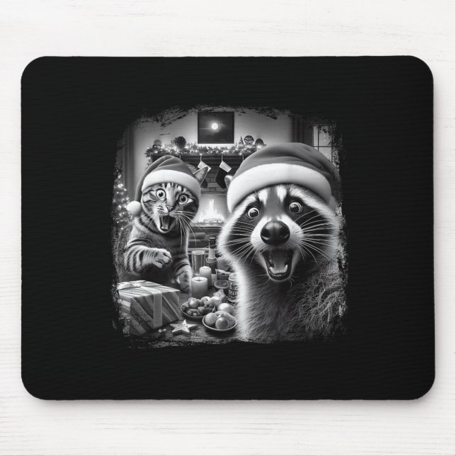 Racoon Santa Funny Cat Taking Selfie Christmas Xma Mouse Pad (Front)