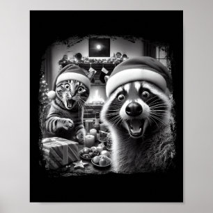 Racoon Santa Funny Cat Taking Selfie Christmas Xma Poster