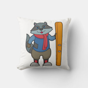 Racoon Skier Ski Throw Pillow