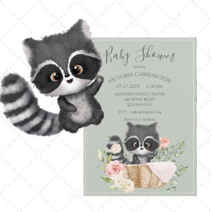 Racoon Watercolor Sage Green Baby Shower Invitation