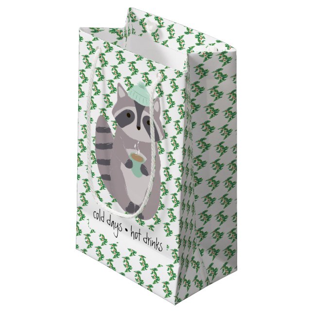 Racoon With A Hot Drink Small Gift Bag (Front Angled)