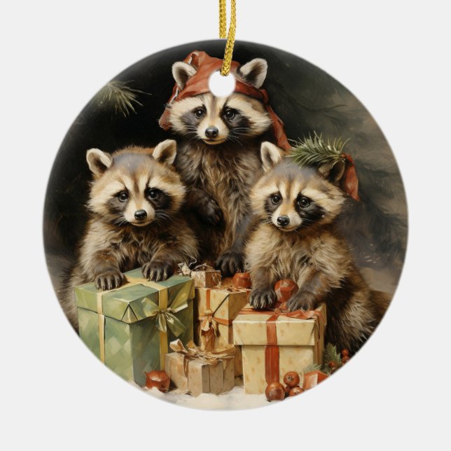 Racoons and Christmas Presents Ceramic Ornament (Front)