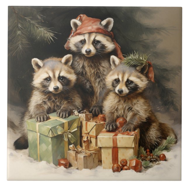 Racoons and Christmas Presents Tile (Front)