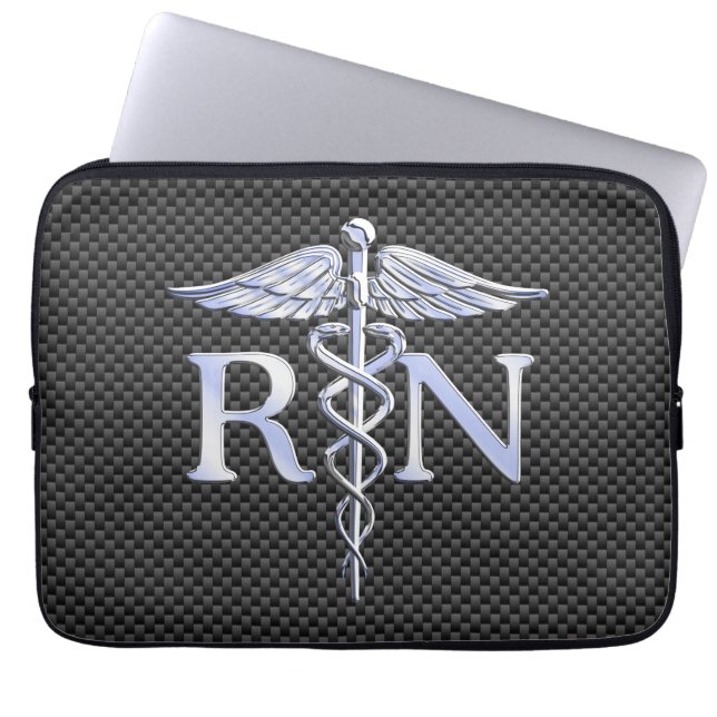 Racy Registered Nurse RN Silver Caduceus Snakes Laptop Sleeve (Front)