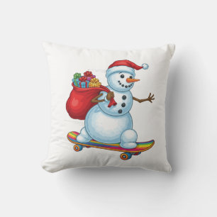 Rad Christmas Skateboarding Snowman Throw Pillow