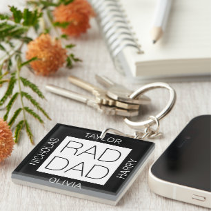 Rad Dad modern design custom kids names black Keychain
