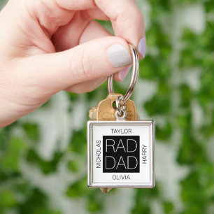 Rad Dad modern design custom kids names white Keychain