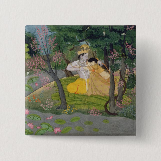 Radha and Krishna embrace in a grove of flowering 2 Inch Square Button (Front)