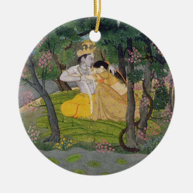 Radha and Krishna embrace in a grove of flowering Ceramic Ornament (Front)