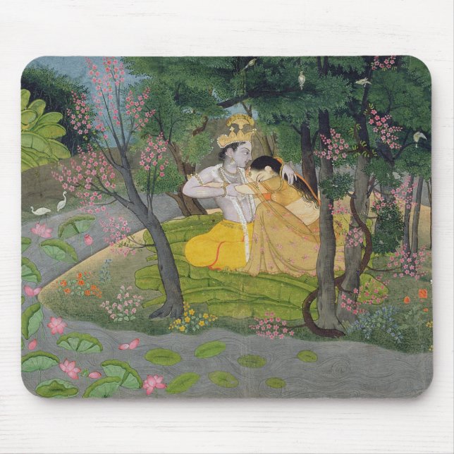 Radha and Krishna embrace in a grove of flowering Mouse Pad (Front)