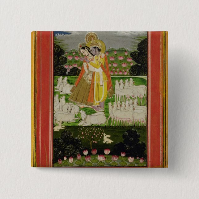 Radha and Krishna embrace in an idealised landscap 2 Inch Square Button (Front)