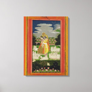 Radha and Krishna embrace in an idealised landscap Canvas Print