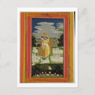 Radha and Krishna embrace in an idealised landscap Postcard