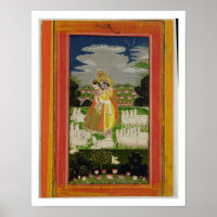 Radha and Krishna embrace in an idealised landscap