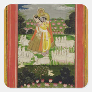Radha and Krishna embrace in an idealised landscap Square Sticker