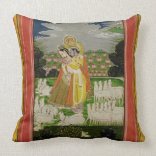 Radha and Krishna embrace in an idealised landscap Throw Pillow