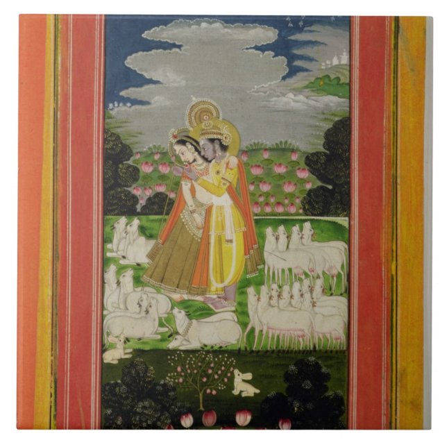 Radha and Krishna embrace in an idealised landscap Tile (Front)