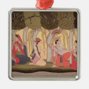 Radha and Krishna seated in a grove, Kulu Metal Ornament