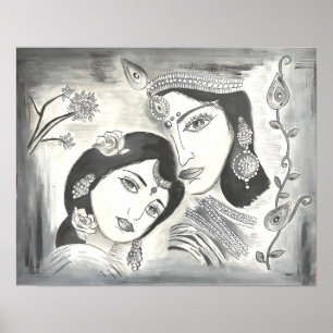 Radha Krishna black and white Poster