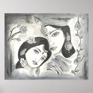 Radha Krishna black and white Poster