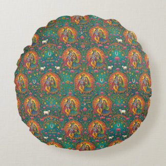Radhe Krishna Pattern Round Pillow