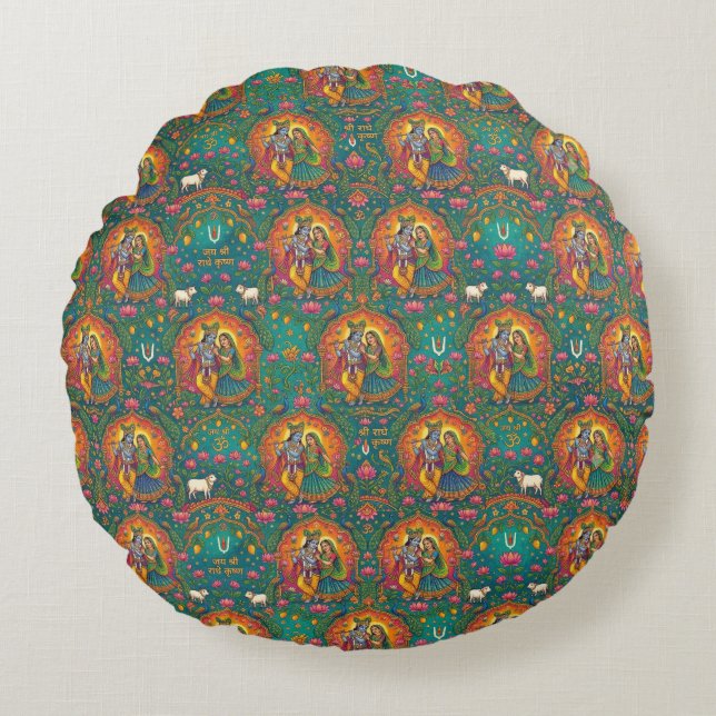 Radhe Krishna Pattern Round Pillow (Front)