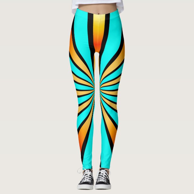 Radial Pattern Turquoise Orange Black Leggings (Front)
