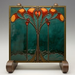 Radiant Amber Bloom Tile<br><div class="desc">Immerse your home in the timeless beauty of the Radiant Amber Bloom Ceramic Tile, a striking piece of artistry printed by Zazzle. This flat ceramic tile, free of embossed features, showcases a mesmerizing Art Nouveau design with intricate floral patterns in vivid amber hues against a deep jade background. The harmonious...</div>