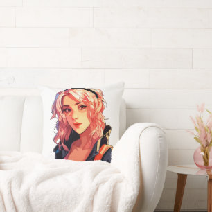 Radiant Anime Girl: Beautiful Manga Art Throw Pillow