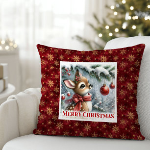 Radiant baby deer snowy forest Christmas scene  Throw Pillow