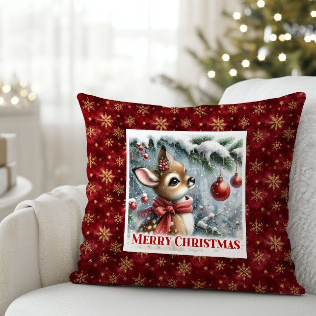 Radiant baby deer snowy forest Christmas scene  Throw Pillow (Radiant baby deer snowy forest Christmas scene pillow)