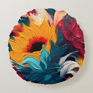Radiant Bloom – Bold Abstract Floral Expression Round Pillow
