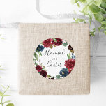 Radiant Bloom | Botanical Wreath Wedding Classic Round Sticker<br><div class="desc">Seal your invitation envelopes or favours with these elegant botanical and floral wedding stickers featuring your names framed by a watercolor wreath of green eucalyptus foliage and jewel toned flowers in burgundy marsala and navy blue. Coordinates with our Radiant Bloom wedding collection.</div>