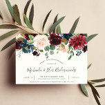 Radiant Bloom Bridesmaids Brunch Invitation<br><div class="desc">Chic floral bridesmaids brunch invitation features a top border of burgundy marsala,  blush pink,  and navy blue flowers,  with lush botanical foliage and greenery. Personalize with your bridesmaids luncheon or brunch details in modern hand lettered script and traditional sans serif lettering. Invitations reverse to rich navy blue.</div>