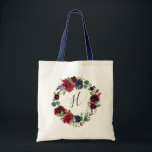 Radiant Bloom Monogram Tote Bag<br><div class="desc">Designed to match our Radiant Bloom collection,  these personalized totes make beautiful gifts for your bridesmaids. Personalize with a single initial monogram in elegant handwritten script lettering,  surrounded by a wreath of watercolor flowers in rich shades of navy and burgundy.</div>