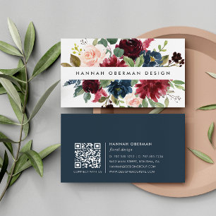 Radiant Bloom   Navy & Burgundy Watercolor Floral Business Card