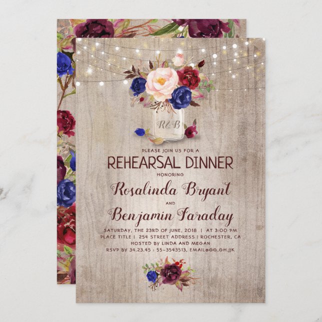 Radiant Blooms Mason Jar Rustic Rehearsal Dinner Invitation (Front/Back)