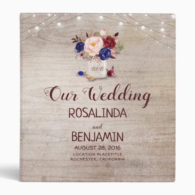 Radiant Blooms Rustic Mason Jar Wedding Binder (Front)