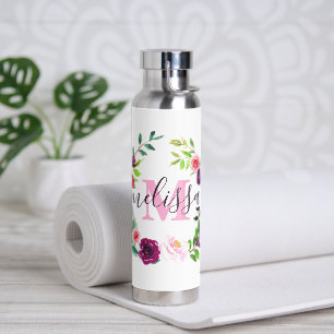 Radiant blooms wreath personalized water bottle