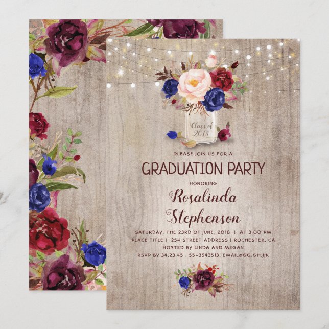 Radiant Blossoms Mason Jar Rustic Graduation Party Invitation (Front/Back)