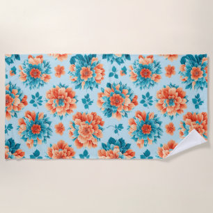 Radiant Blue and Orange Floral Art Beach Towel