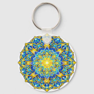 Radiant Blue Gold Mandala - Sun Harmony Keychain