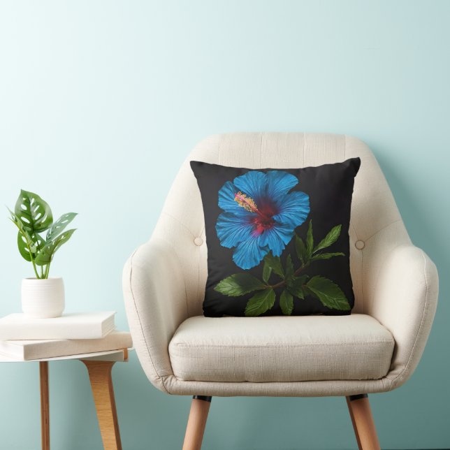 "Radiant Blue: Hibiscus Flower Against On Black  Throw Pillow (Chair)